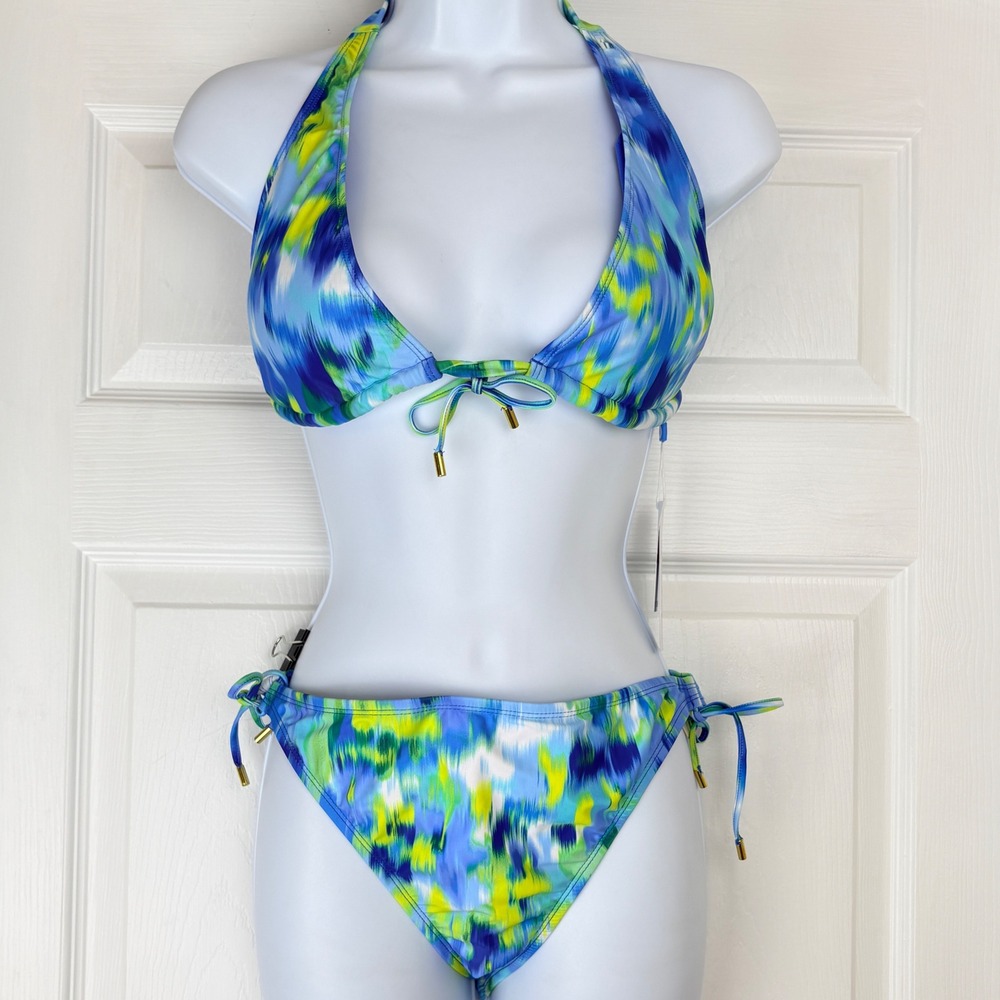 Bleu Rod Beattie Womens 12 Blue Lime Abstract Triangle Side Tie Bikini Set NWT